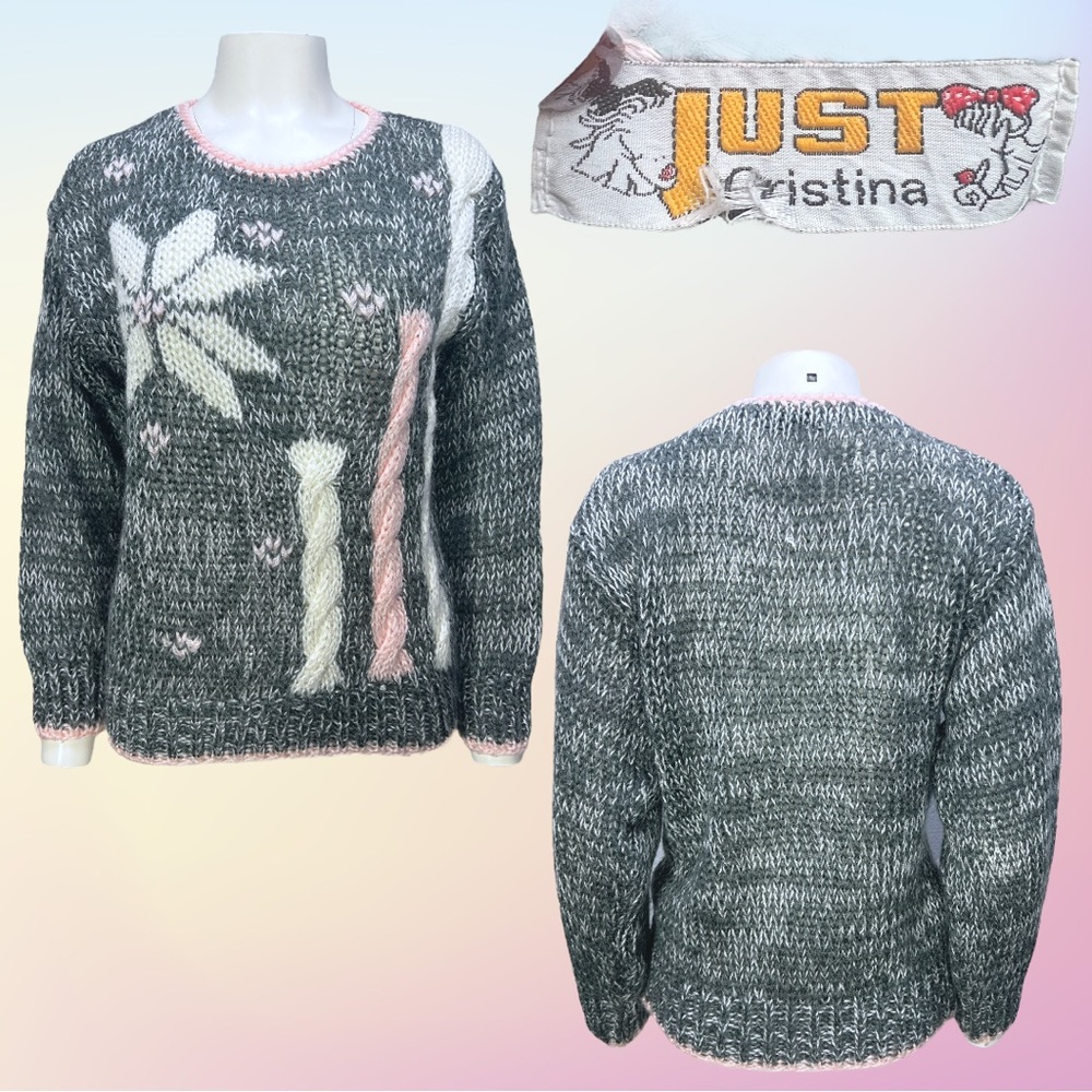 VTG 80's Grey Pink Cream Flower Heart Design JUST CRISTINA Knit Sweater Sz Small